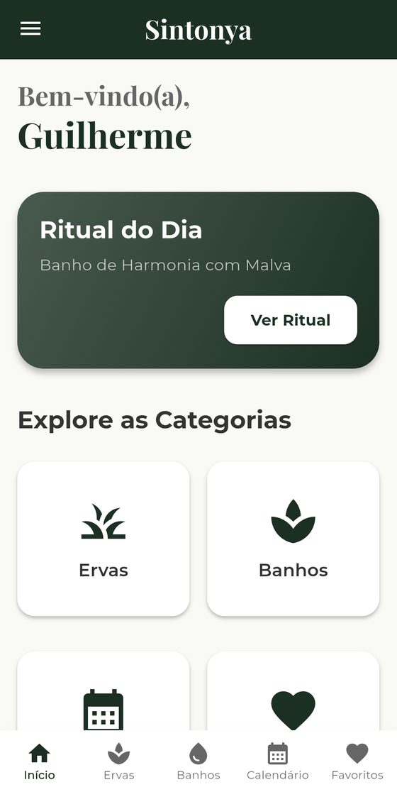 Tela inicial do Sintonya com o Ritual do Dia e as categorias