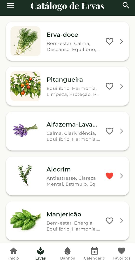 Catálogo de ervas do Sintonya com nome e propriedades de cada planta