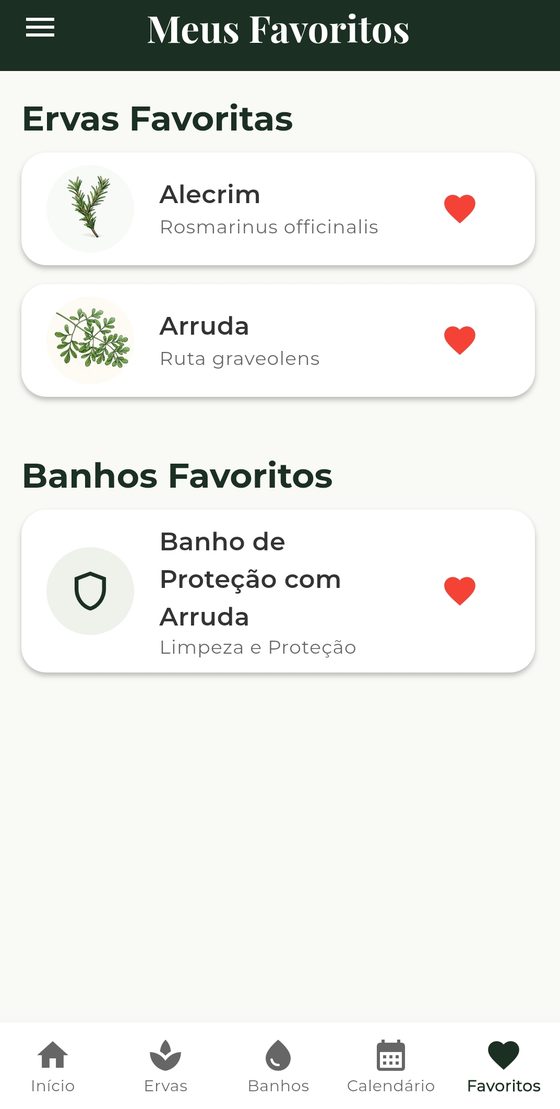 Tela de favoritos do Sintonya com ervas e banhos salvos